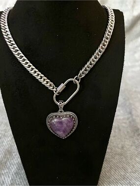 Amethyst Heart Pendant Carabiner Cuban Chain Necklace Stainless Steel 18"